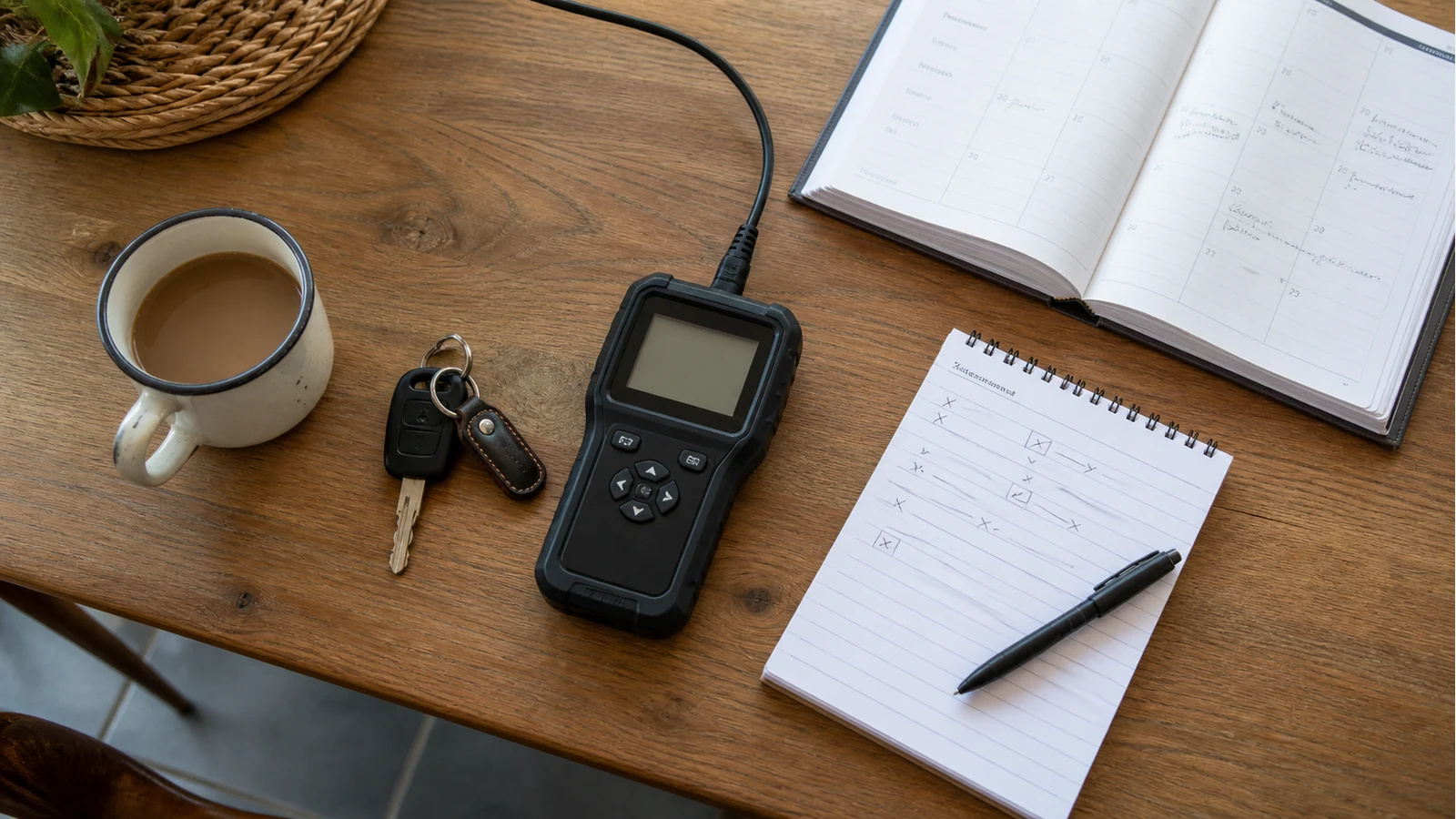 UK MOT preparation checklist with handheld engine code reader and handwritten fault codes