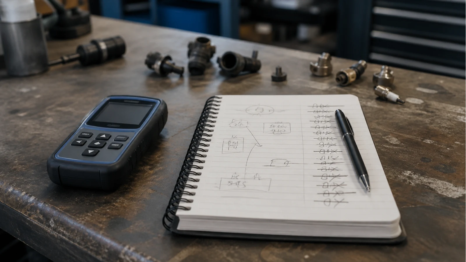 Notebook contrasting a fault code with an incorrect parts shopping list for a DIY Japanese car repair