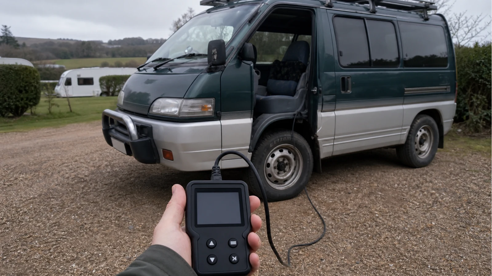 Handheld engine code reader connected in a UK Mitsubishi Delica-style import van
