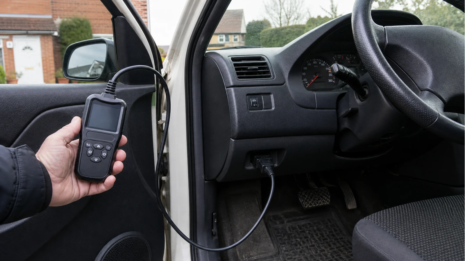 Handheld engine code reader cable near a UK right-hand-drive Japanese import dashboard